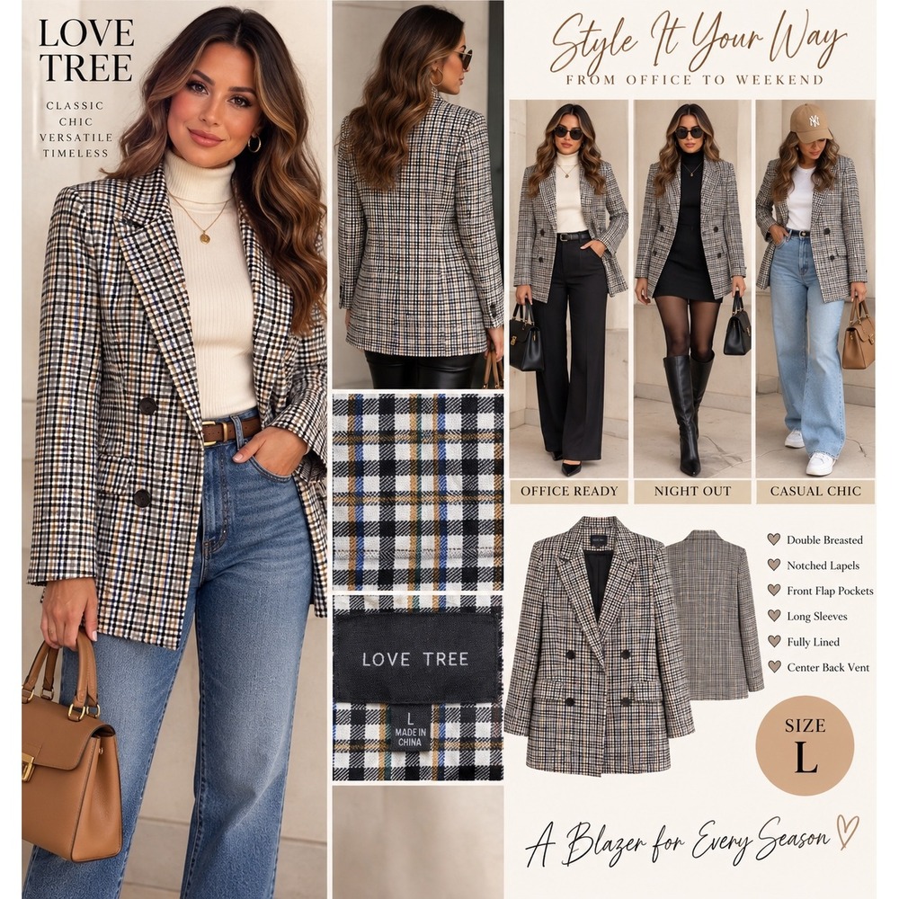 Love Tree Womens Plaid Double Breasted Blazer Jacket Black White Tan Blue L